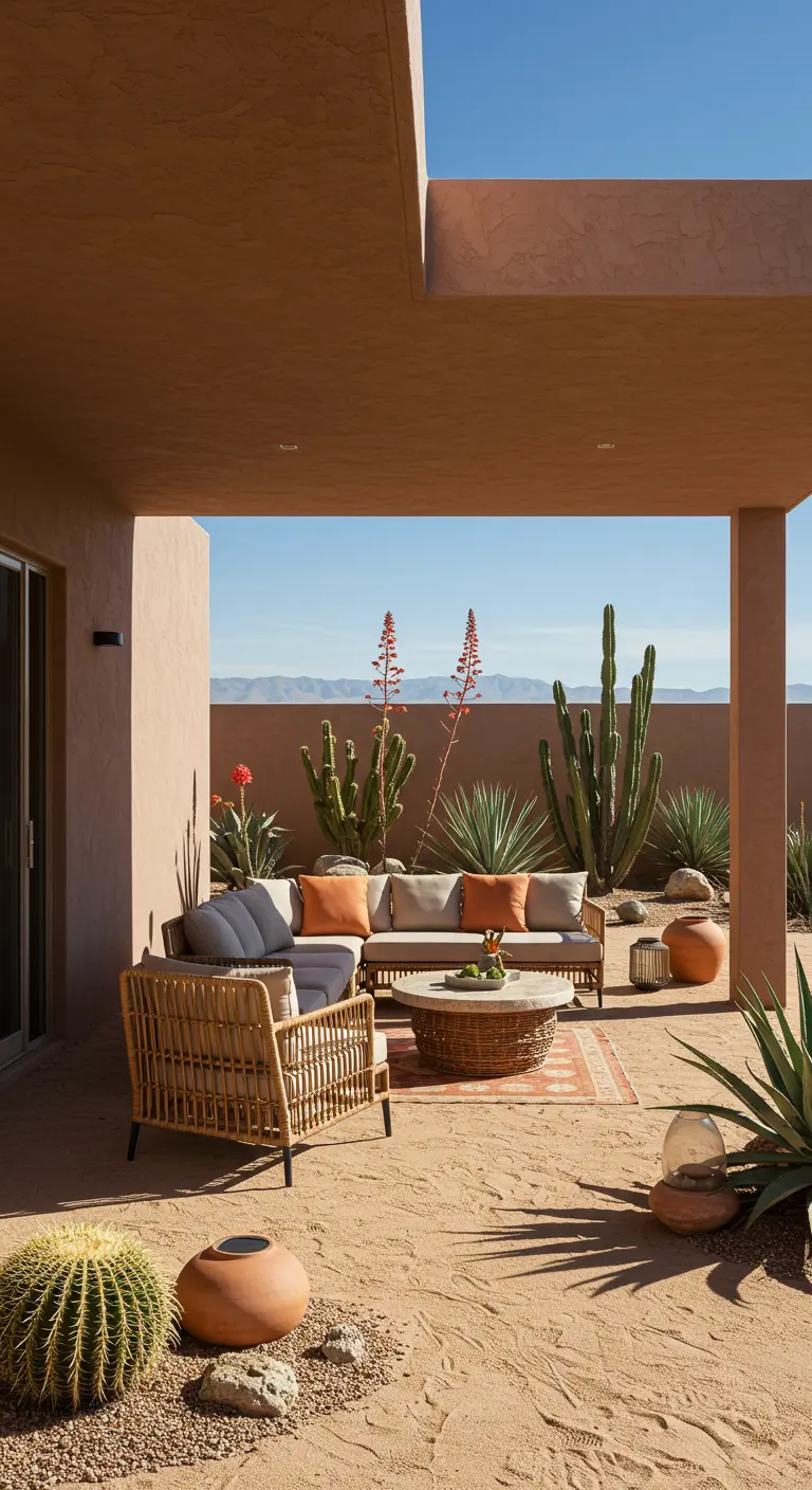 Terrasse désertique moderne avec canapé bas, cactus géants et mobilier en rotin, tons terreux.
