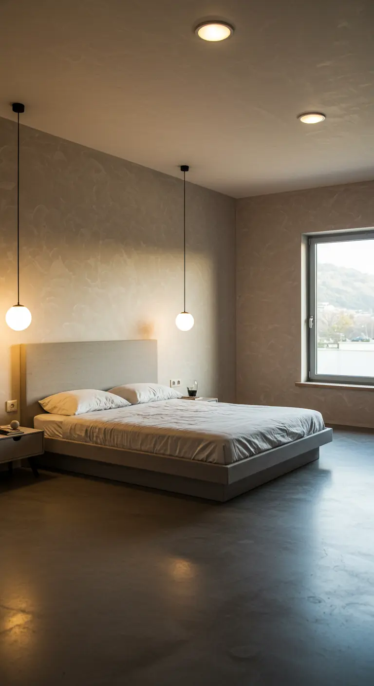 Deux suspensions minimalistes avec ampoules rondes au-dessus des tables de chevet.