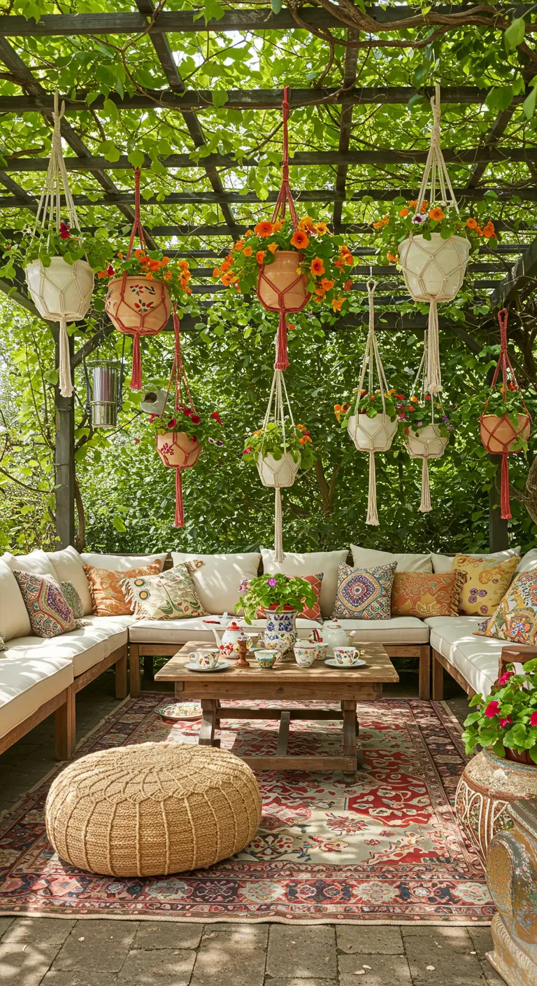 Pergola extérieure avec de nombreux pots suspendus fleuris, salon de jardin et tapis oriental.