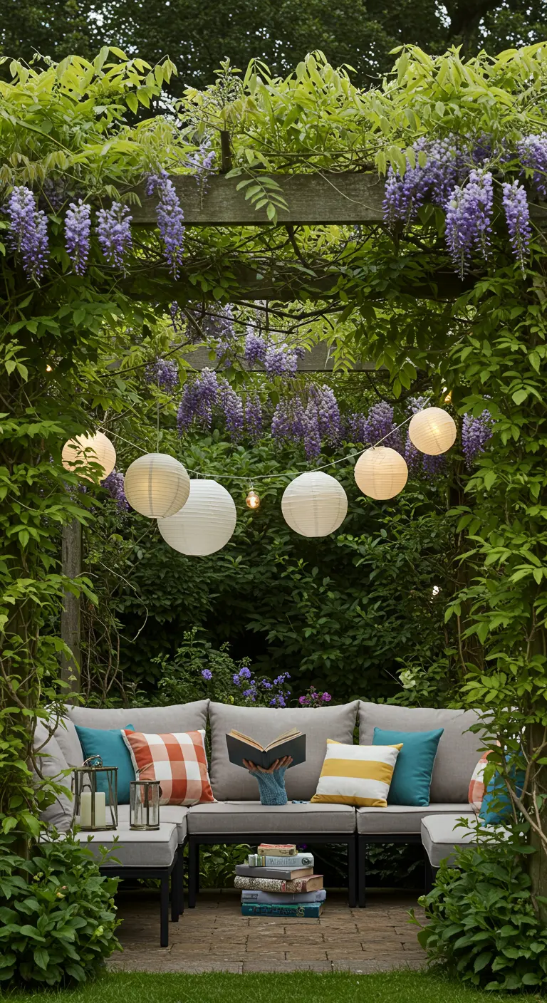 Pergola couverte de glycine avec des lampions suspendus et un salon de jardin.