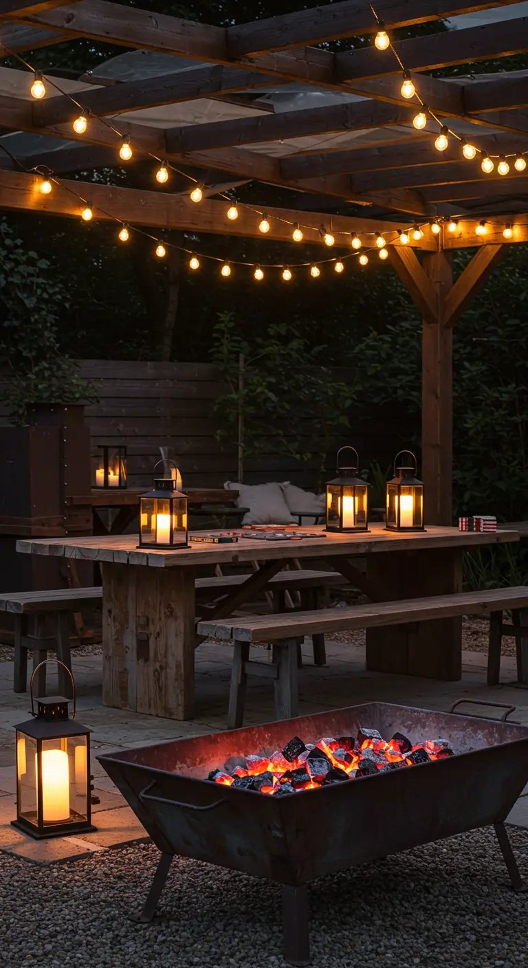 Pergola rustique avec table en bois, guirlandes lumineuses, brasero à charbon et lanternes à bougies.