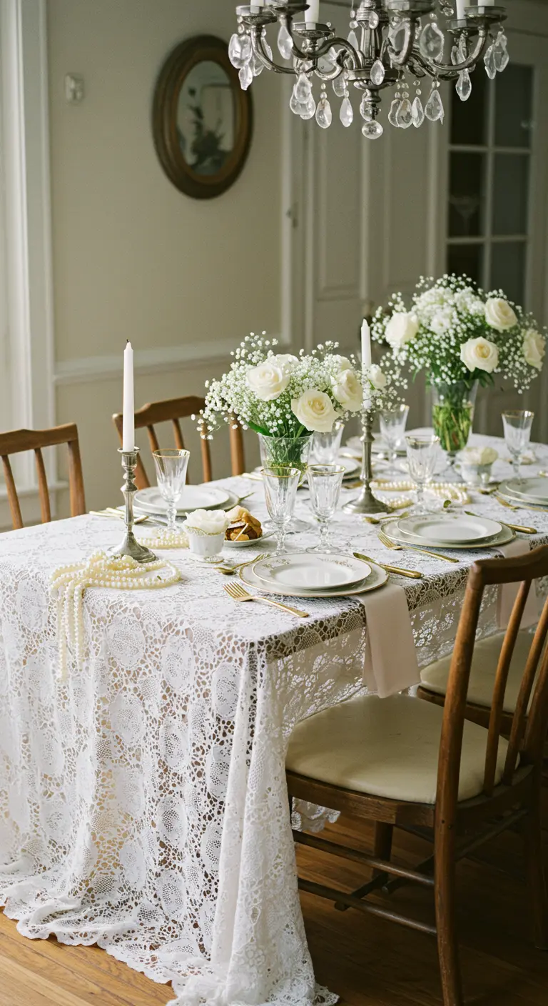 Table de réception avec nappe en dentelle blanche, roses blanches, chandeliers argentés et collier de perles.