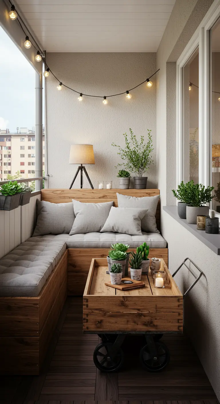 Petit balcon avec banquette en bois, table sur roulettes, guirlande lumineuse.