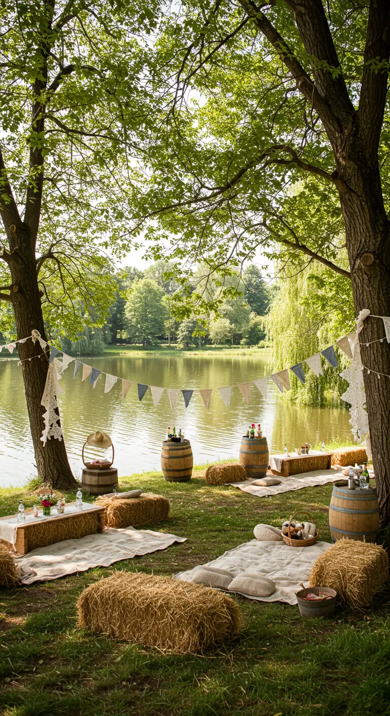 Pique-nique au bord du lac avec bottes de foin, tonneaux, couvertures, guirlandes suspendues entre les arbres.