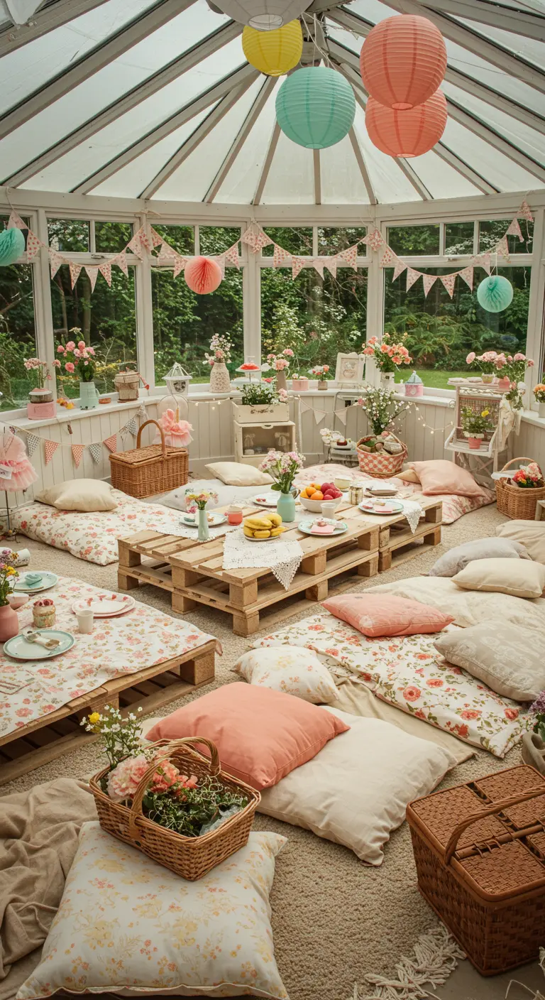Pique-nique bohème intérieur avec tables basses en palettes, coussins fleuris et lampions suspendus dans une véranda.