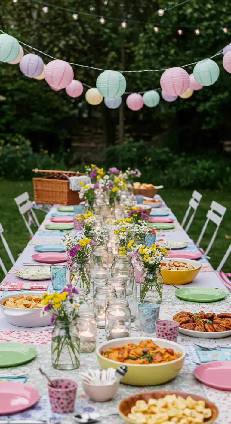 Table de pique-nique en bois avec petits bouquets, bocaux lumineux et lampions pastel suspendus.