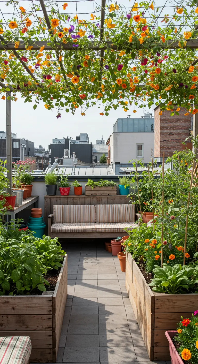 Pique-nique chic avec palette en guise de table, poufs en macramé et guirlande fleurie.