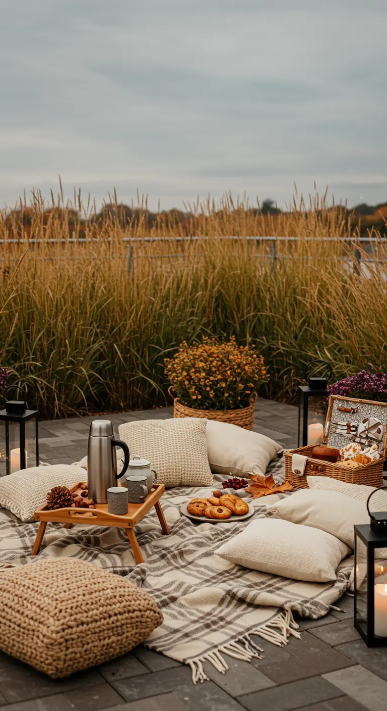 Pique-nique sur plaid avec coussins, thermos, pâtisseries et lanternes sur une terrasse.