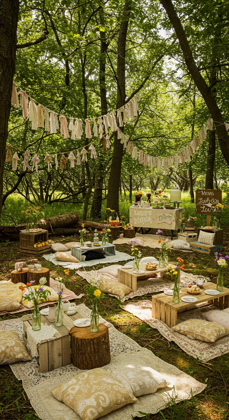 Pique-nique en forêt avec tables basses en caisses, coussins, couvertures et guirlandes de tissu clair.