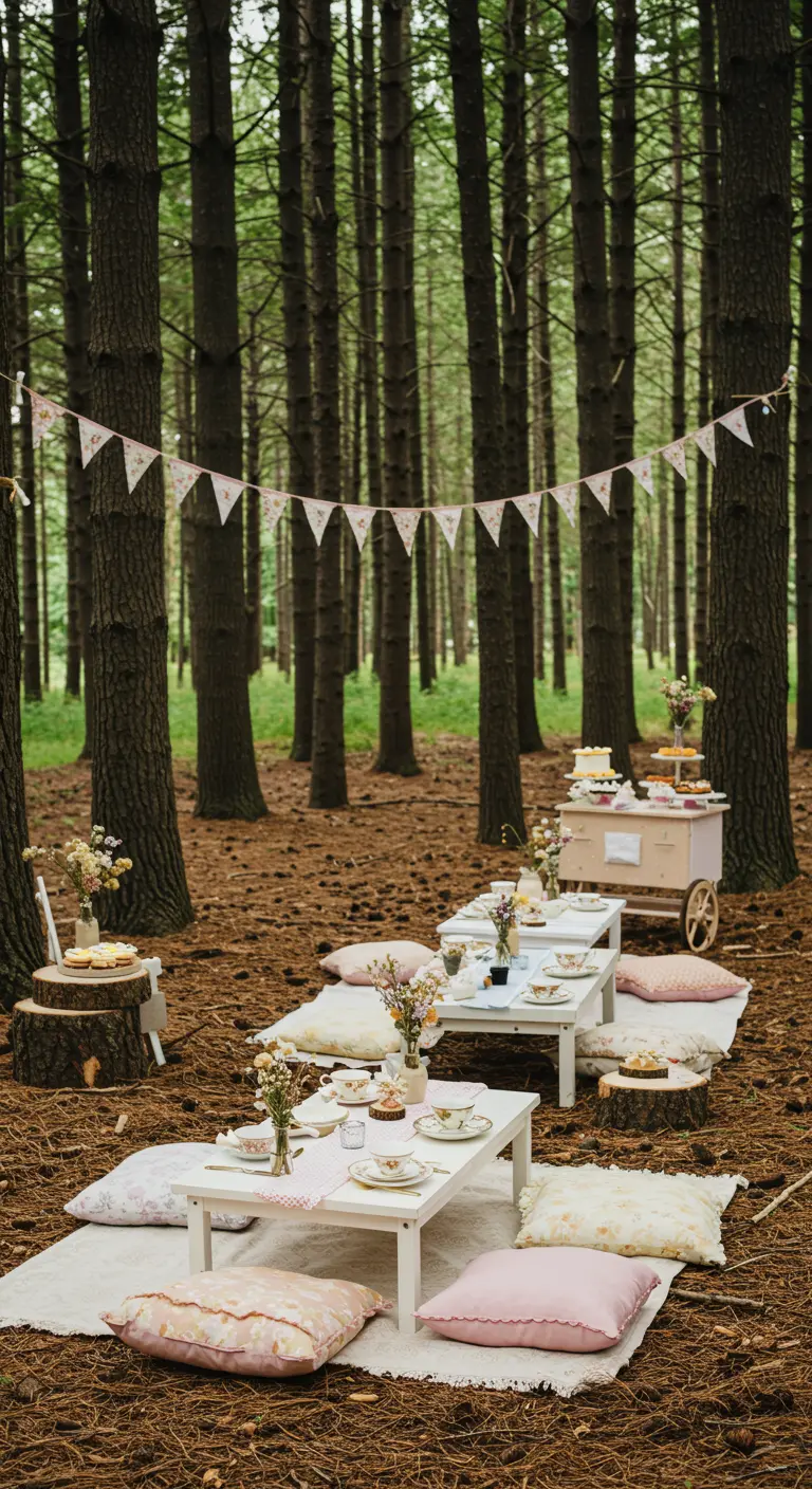 Pique-nique en forêt avec tables basses blanches, coussins roses, couvertures et guirlande de fanions.
