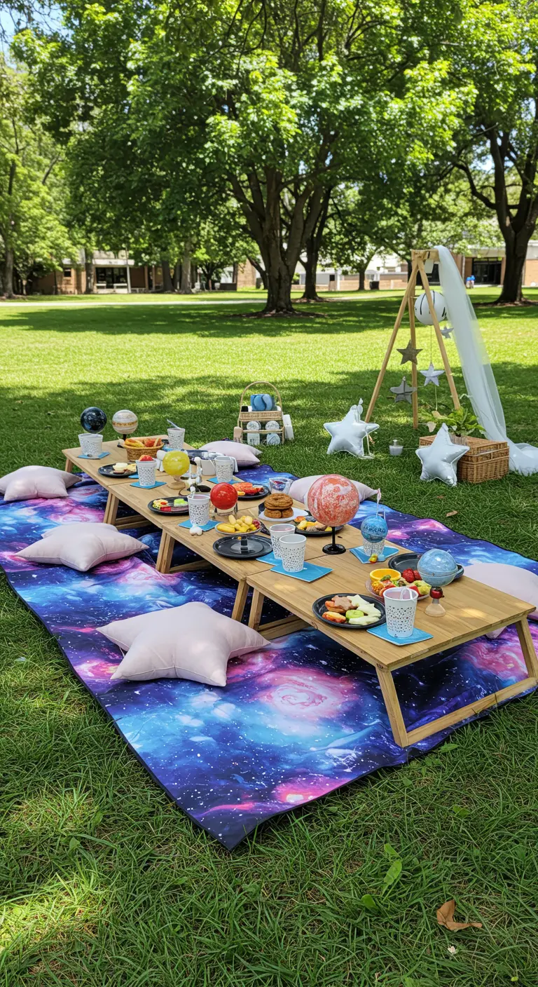 Pique-nique extérieur sur une couverture galaxie, avec table basse en bois et décorations planètes.