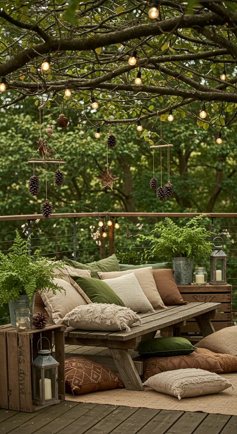 Jardin avec table de pique-nique, coussins de sol, guirlandes lumineuses et mobiles pommes de pin.