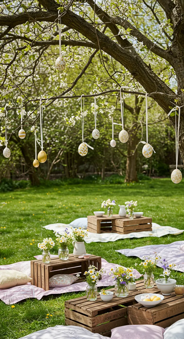 Pique-nique de Pâques en extérieur avec œufs suspendus à un arbre fleuri et tables en palettes.