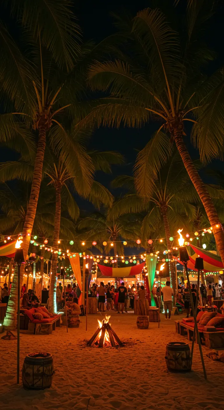 Fête de plage tropicale la nuit avec un grand feu de joie, des palmiers, des guirlandes de lampions colorés et des torches.