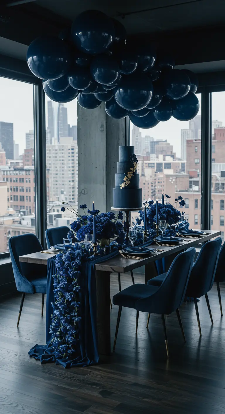 Décoration monochrome bleu nuit avec ballons flottants, table dressée et gâteau d'anniversaire.