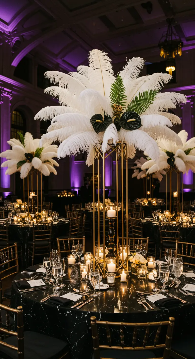 Salle de réception sombre avec tables rondes noires, centres de table hauts de plumes blanches, feuillage sombre et accents dorés.