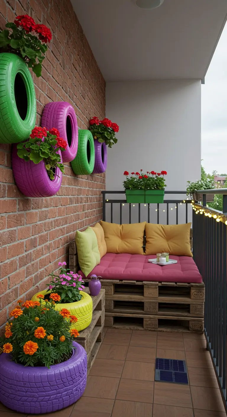 Balcon avec jardinières murales faites de pneus colorés et un canapé en palettes