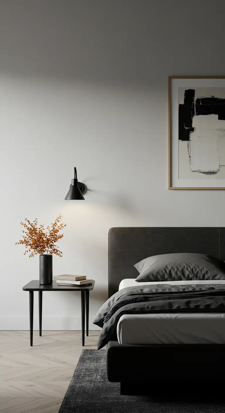 Applique murale noire orientable au-dessus d'une table de chevet avec un vase.