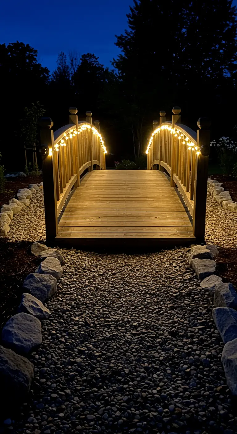 Petit pont de jardin en bois illuminé par des guirlandes lumineuses sur des balustrades.