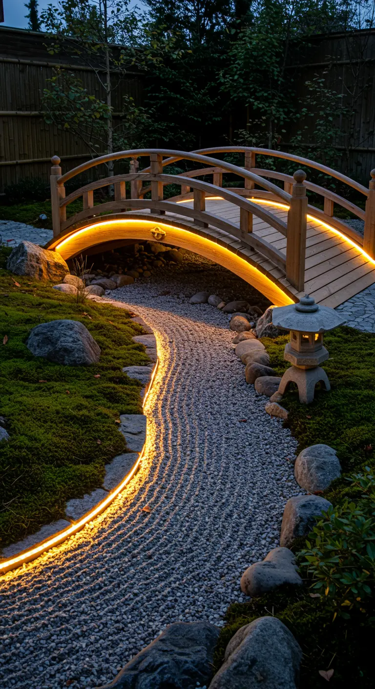 Petit pont en bois de style japonais avec bande LED chaude sous son arche, sur un chemin de gravier.