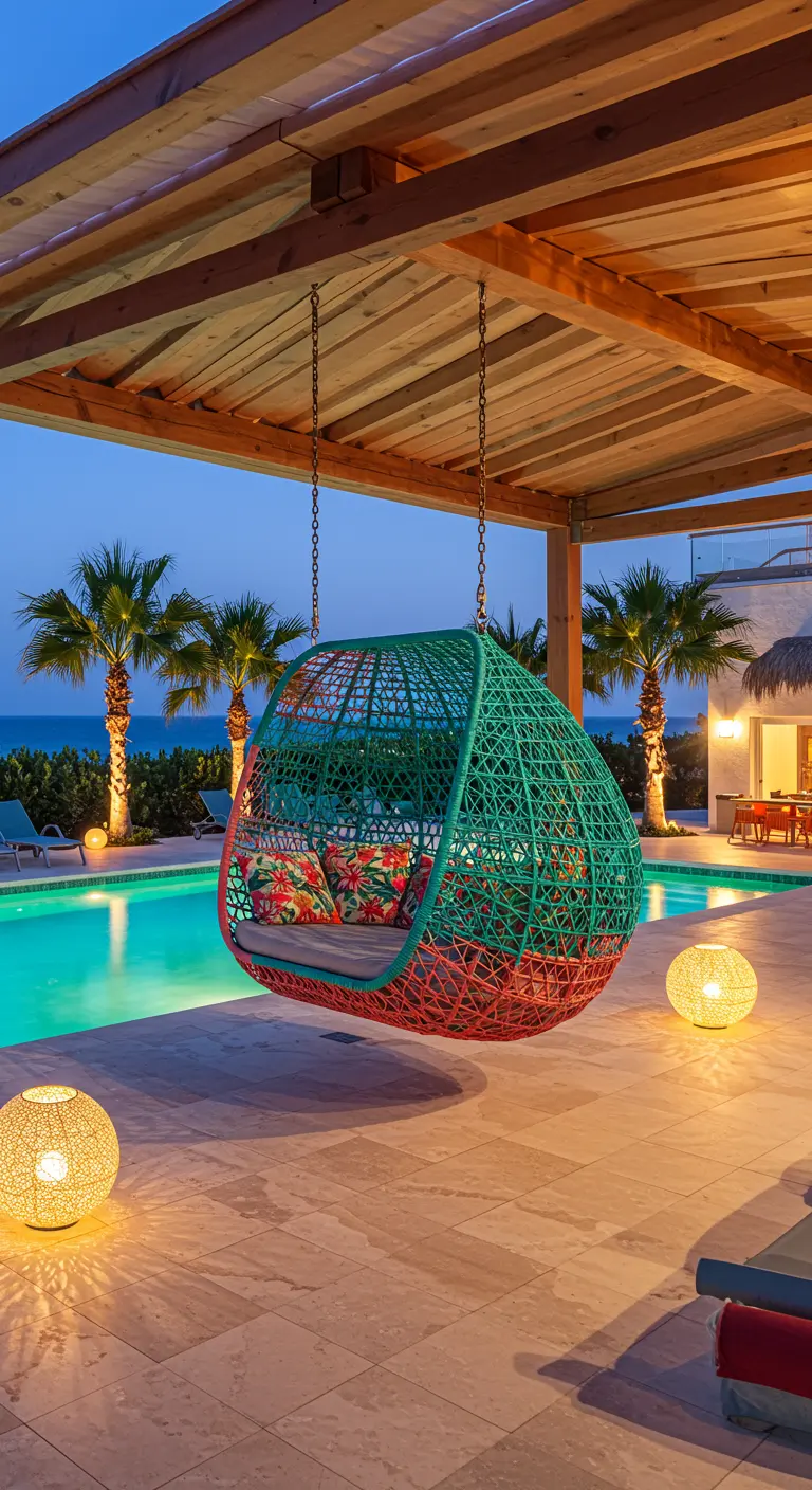 Un fauteuil suspendu bicolore vert et corail près d'une piscine avec des luminaires ronds et des palmiers.