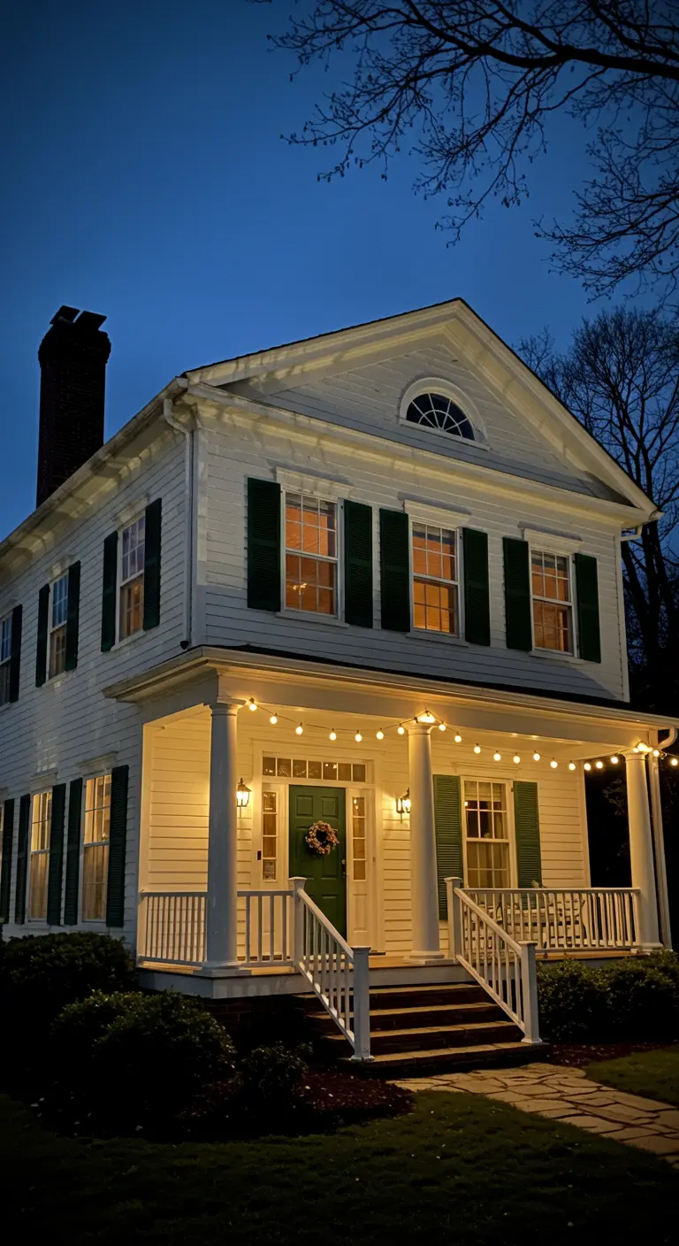 Maison blanche avec volets verts, porche illuminé par des guirlandes et une couronne.