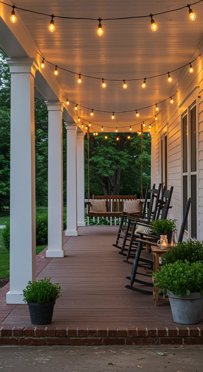 Porche de maison blanche avec balançoire et chaises à bascule, éclairé par des guirlandes lumineuses.