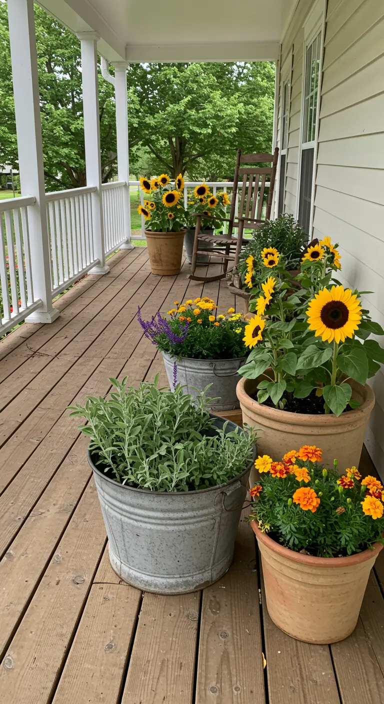 Porche en bois avec des pots de tournesols, de soucis et de sauge.