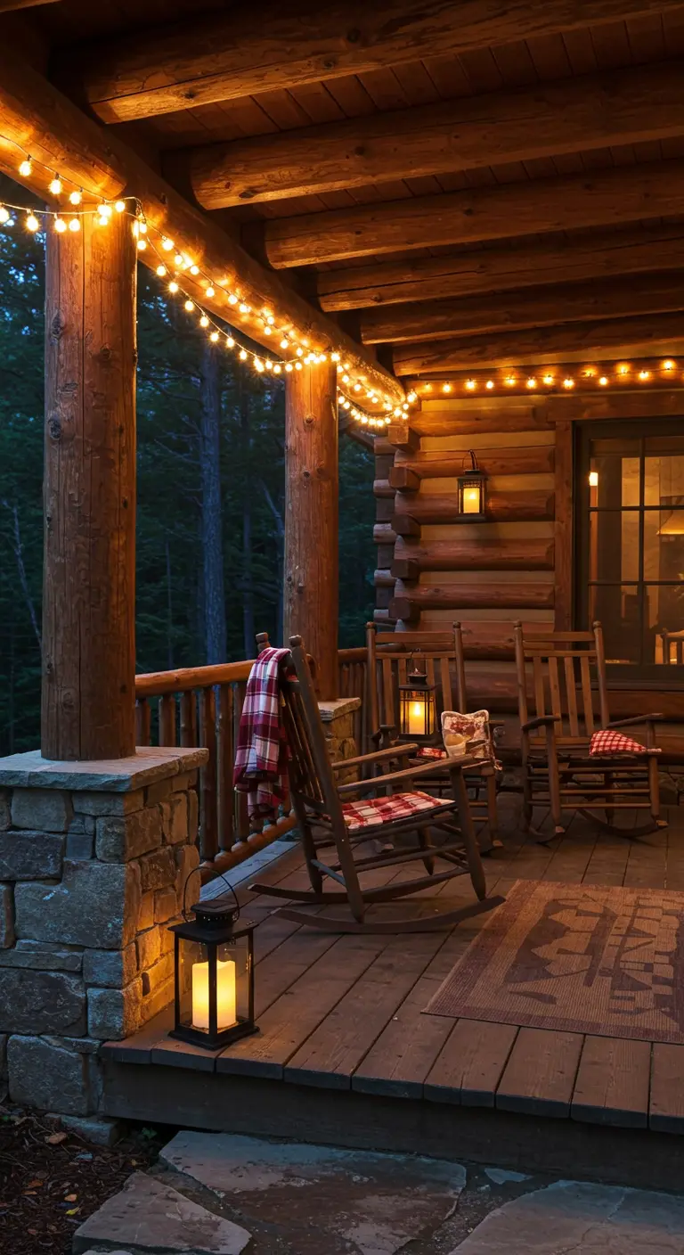 Porche de cabane en bois avec rocking-chairs, éclairé par des guirlandes lumineuses et des lanternes solaires.
