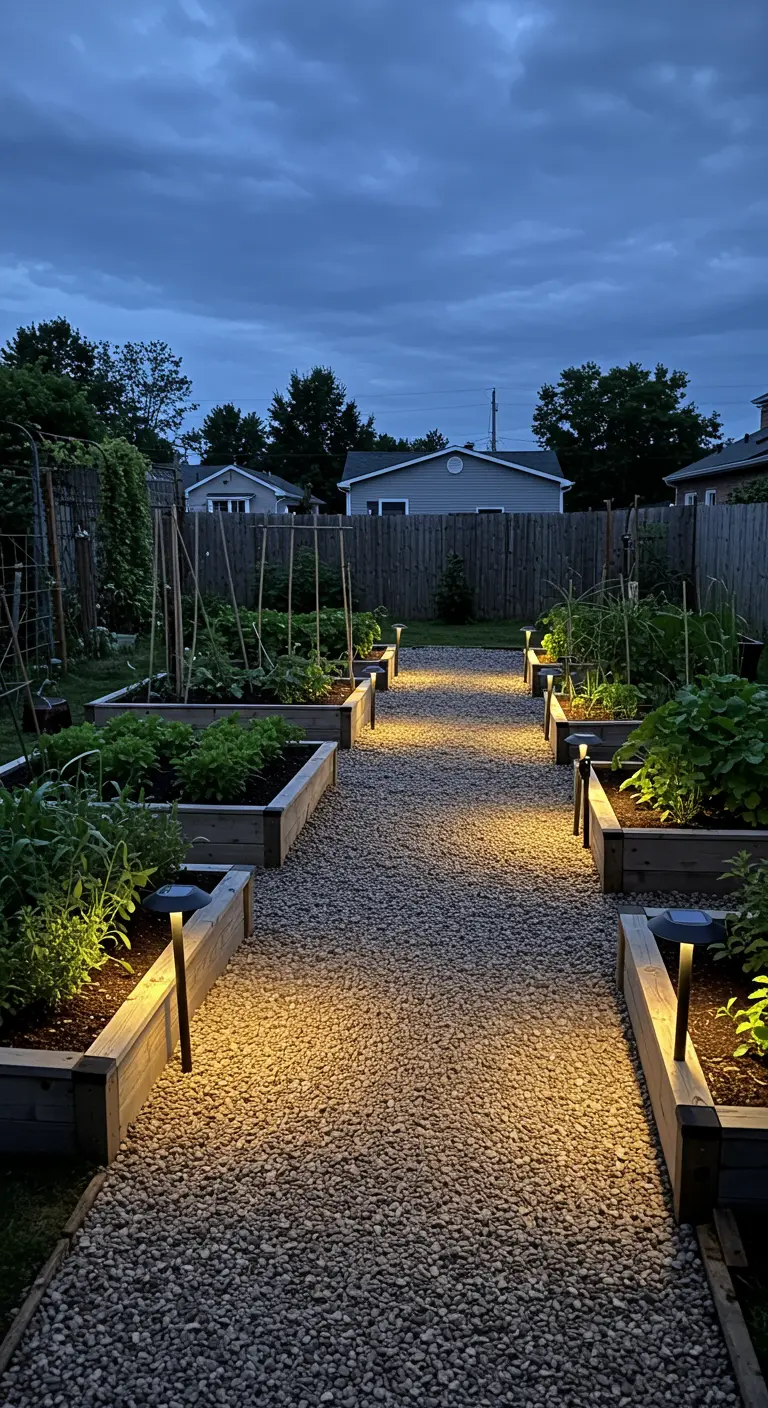 Allée de potager avec bacs surélevés éclairée par des piquets solaires.