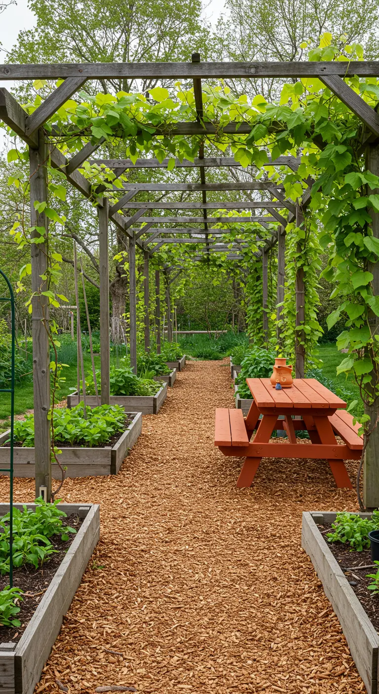 Pergola en bois au-dessus d'une allée de copeaux, avec des potagers surélevés et une table de pique-nique.