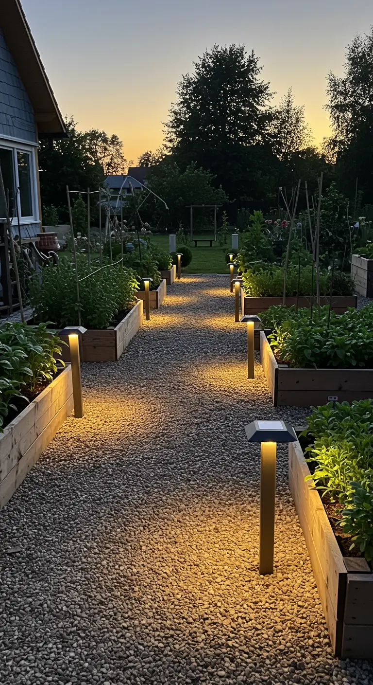 Allée de gravier dans un potager avec des balises solaires le long des lits surélevés en bois.
