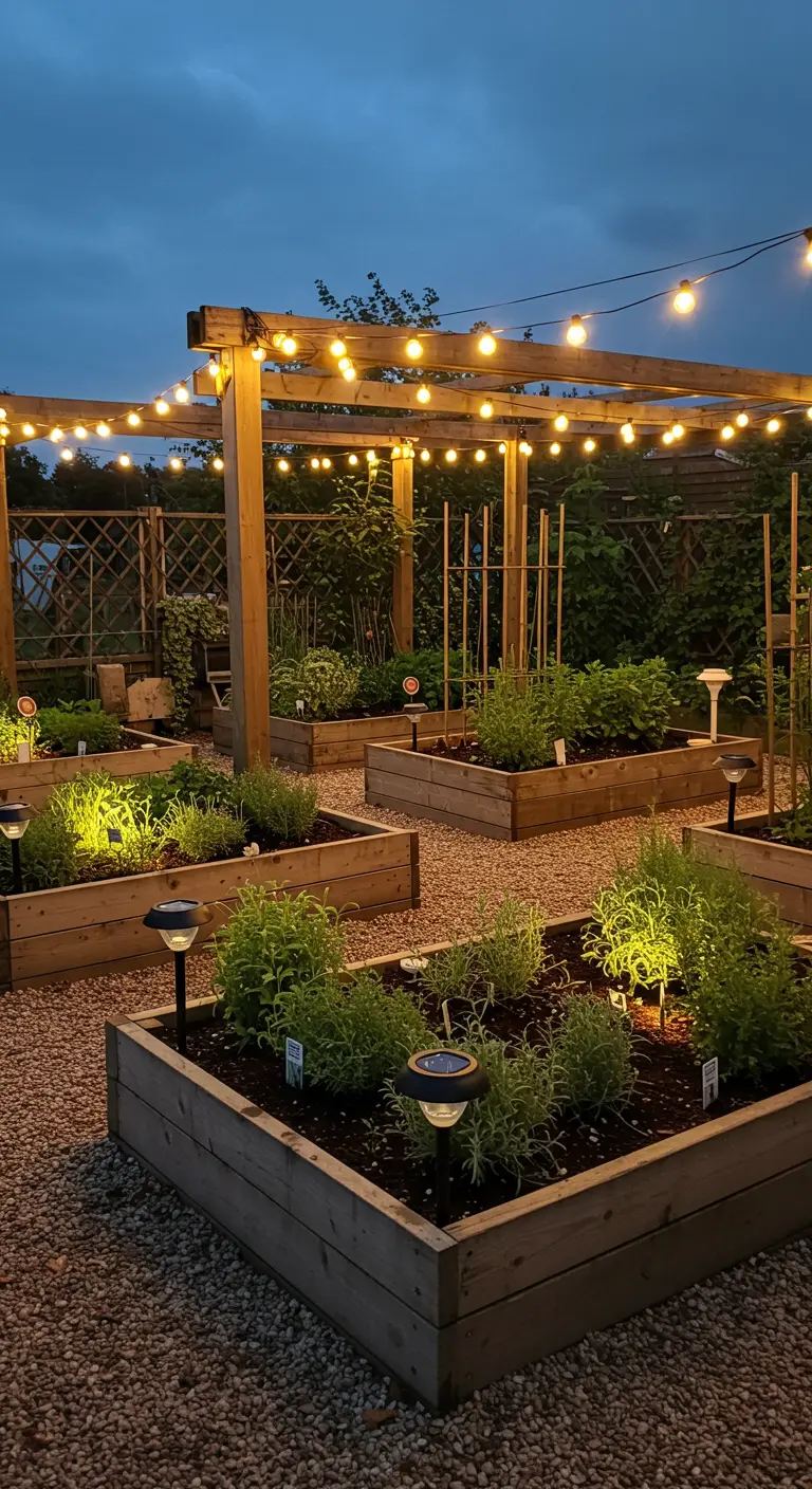 Potager avec carrés surélevés et pergola en bois, éclairé par des guirlandes lumineuses et des balises solaires.