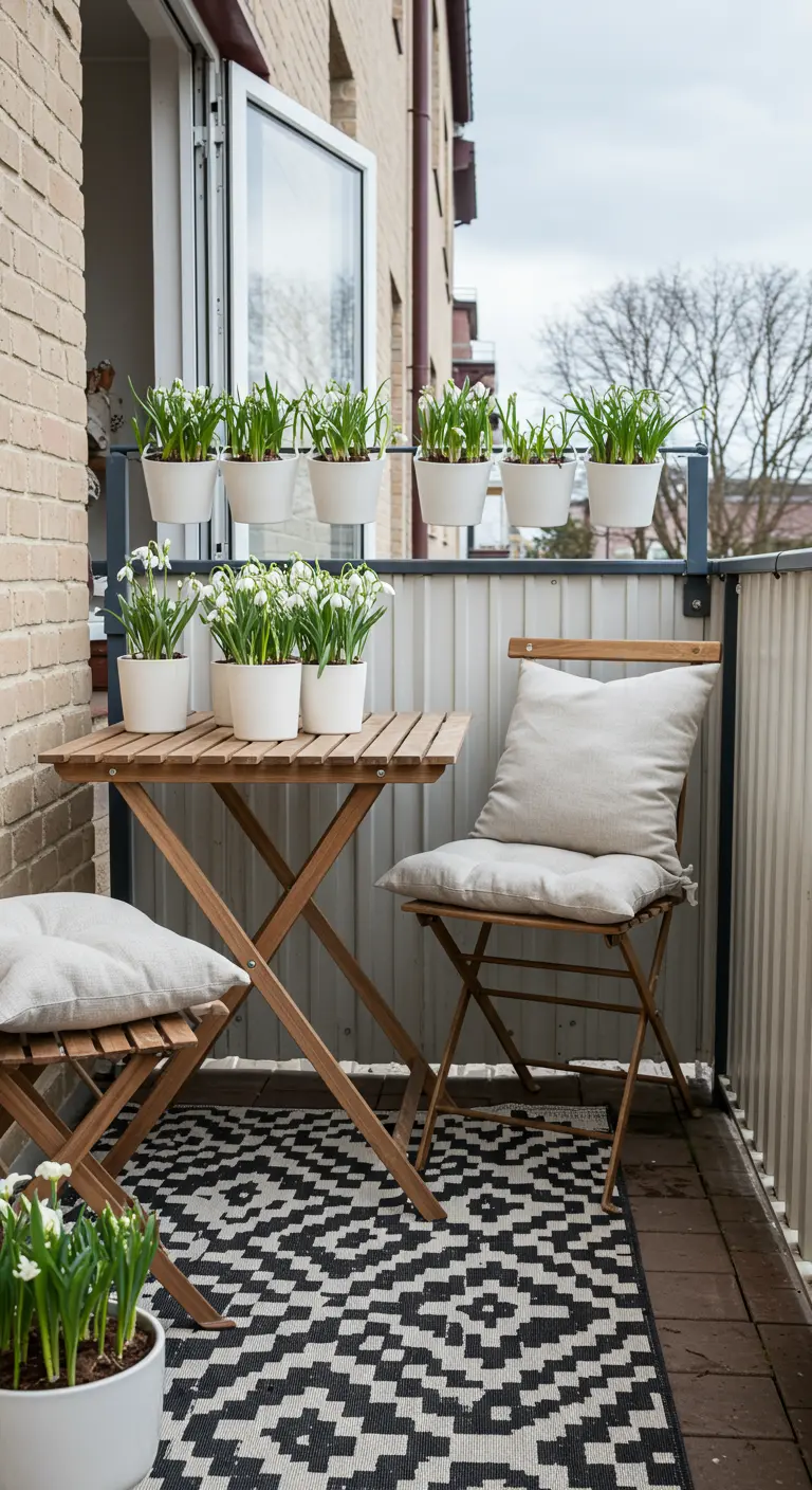 Balcon printanier avec mobilier en bois, tapis géométrique noir et blanc, pots de perce-neige.
