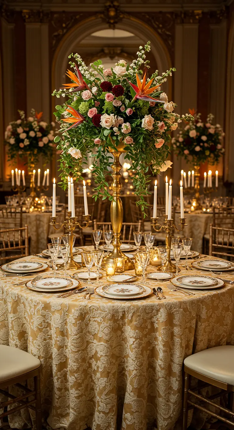 Grande table formelle avec nappe damassée dorée, immense composition florale et chandeliers dorés.