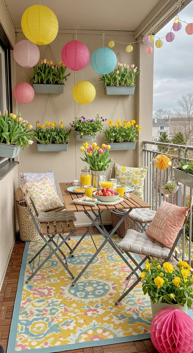 Balcon festif avec mobilier en bois, lampions colorés, tulipes et narcisses, tapis à motifs vifs.