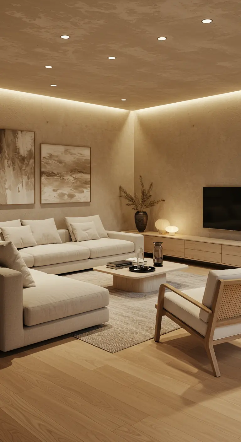 Salon beige et crème avec canapé d'angle, mur texturé, éclairage LED caché, art abstrait.
