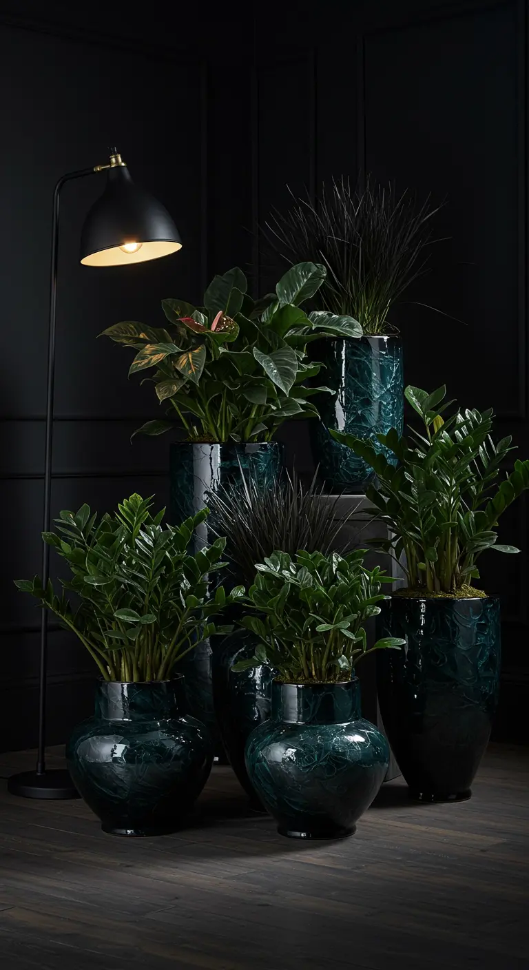 Pots bleu canard avec un effet marbré, abritant des plantes vertes luxuriantes, sur fond sombre.