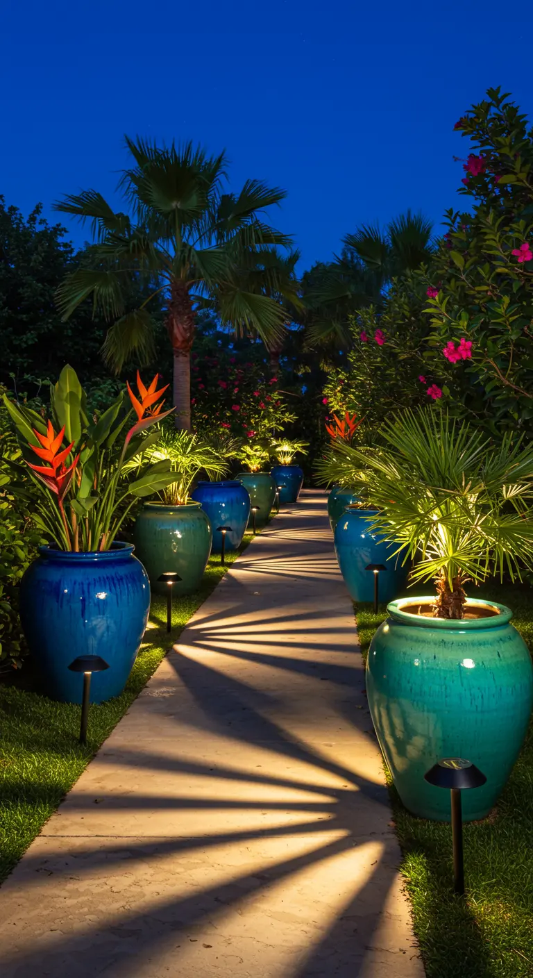 Allée tropicale éclairée par des spots solaires dans de grands pots bleus avec palmiers, créant des motifs.