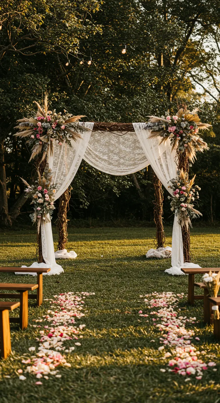 Arche de mariage en bois décorée de fleurs roses, de plumes et de dentelle blanche, avec pétales au sol.