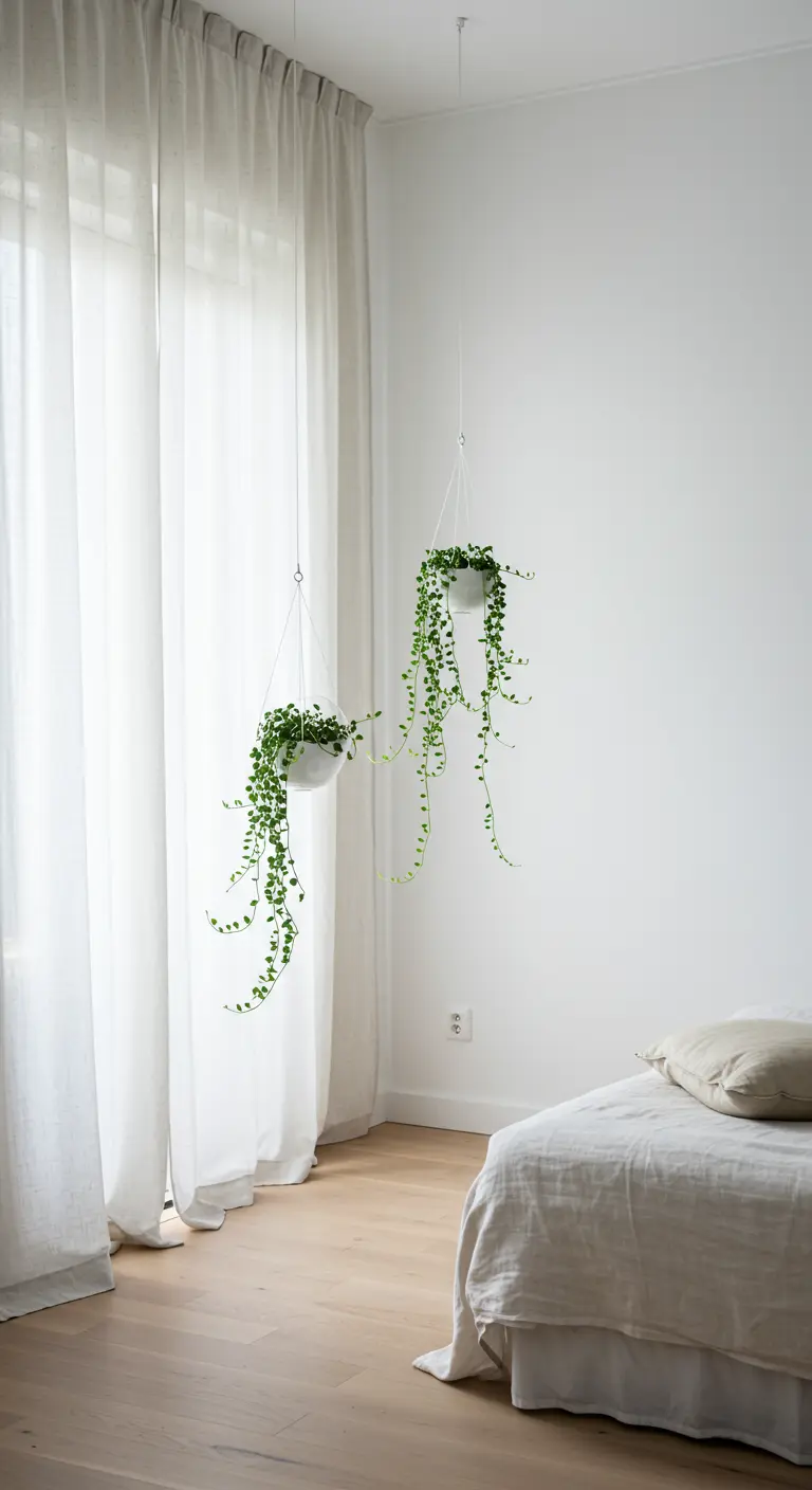 Chambre très lumineuse et minimaliste, murs blancs et rideaux clairs, avec deux pots blancs suspendus et plantes fines.