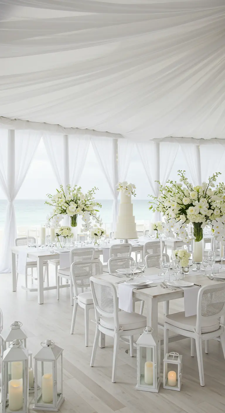 Grande tente de réception blanche en bord de mer avec longues tables, chaises et bouquets de fleurs blanches.