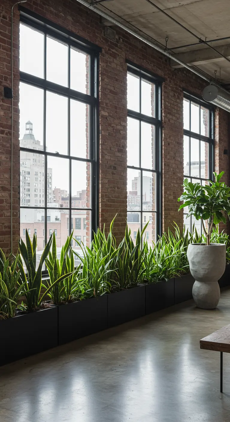 Grand espace intérieur avec de longues jardinières noires, des Sansevieria et un grand pot sculptural gris.