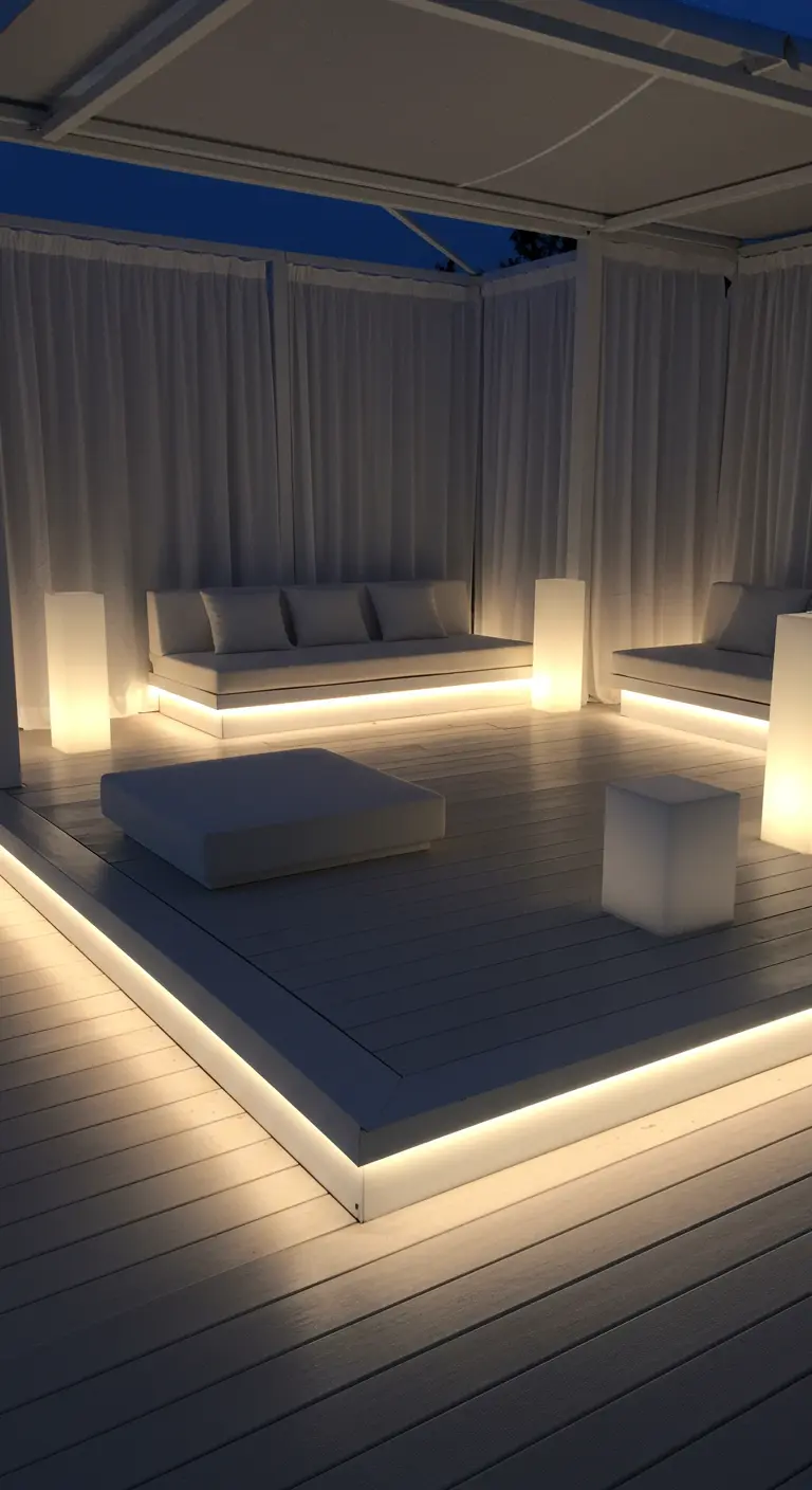 Espace lounge extérieur blanc sous pergola, avec éclairage LED intégré et mobilier minimaliste.
