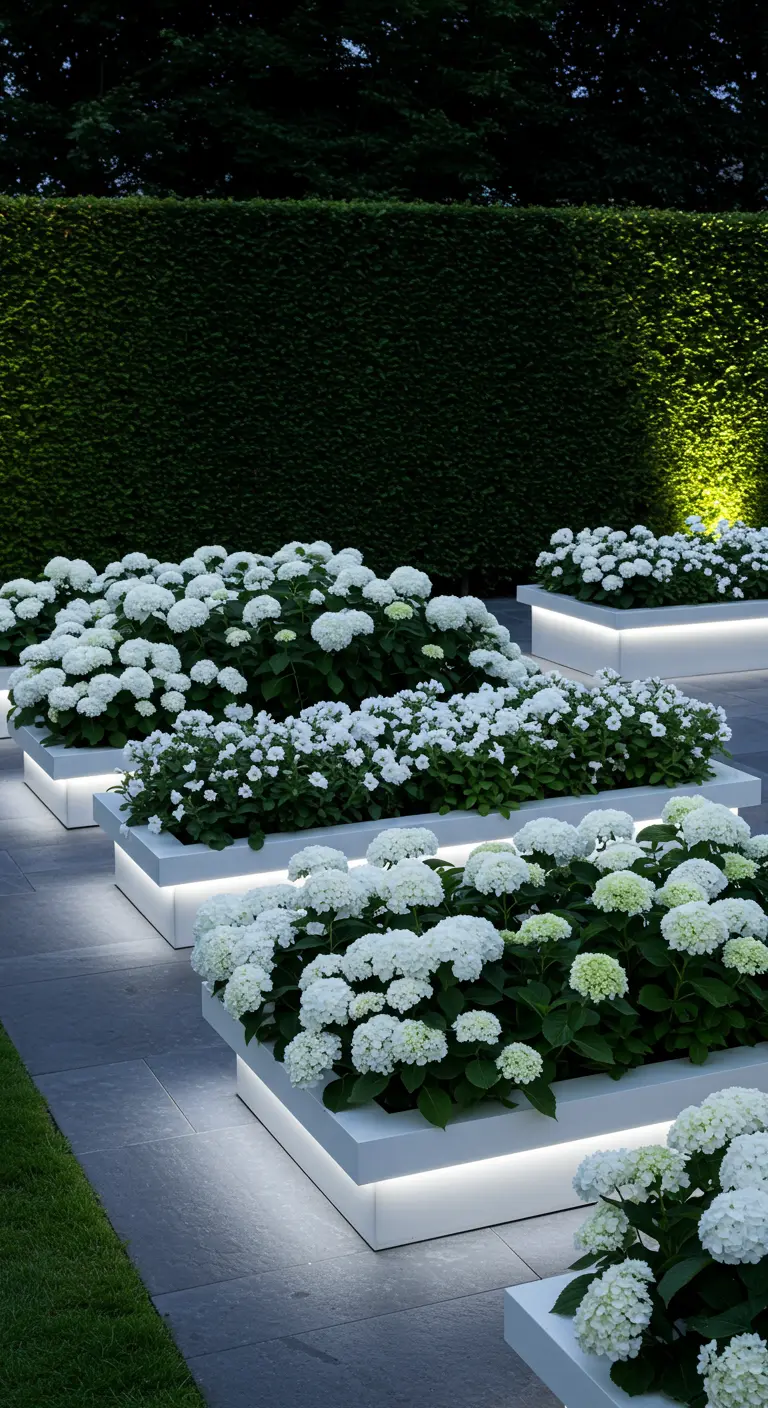 Grandes jardinières blanches avec hortensias blancs, éclairées par des LED intégrées.