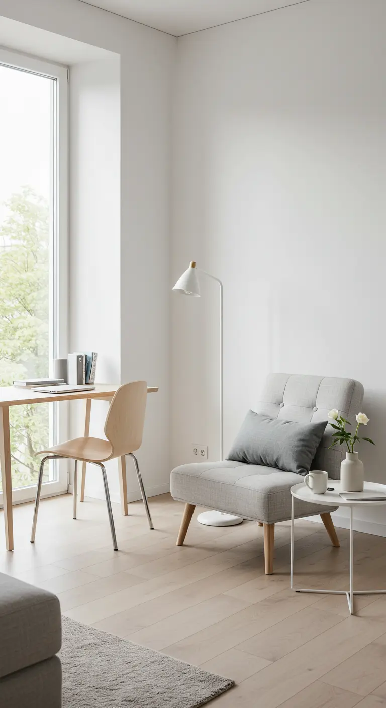 Bureau minimaliste scandinave avec fauteuil gris clair, grande fenêtre et lampe de sol.