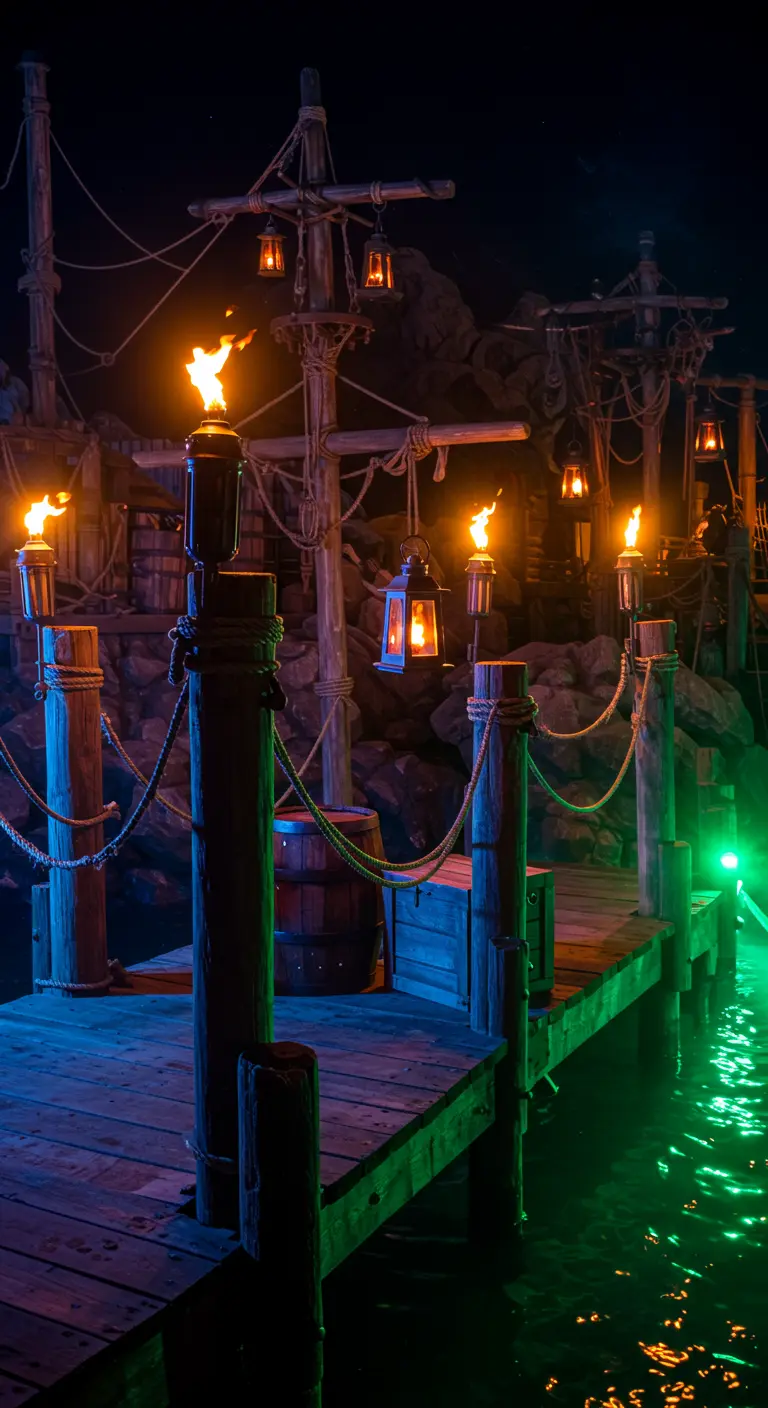 Quais en bois la nuit, décorés de torches enflammées et de lanternes suspendues, avec de l'eau éclairée en vert.