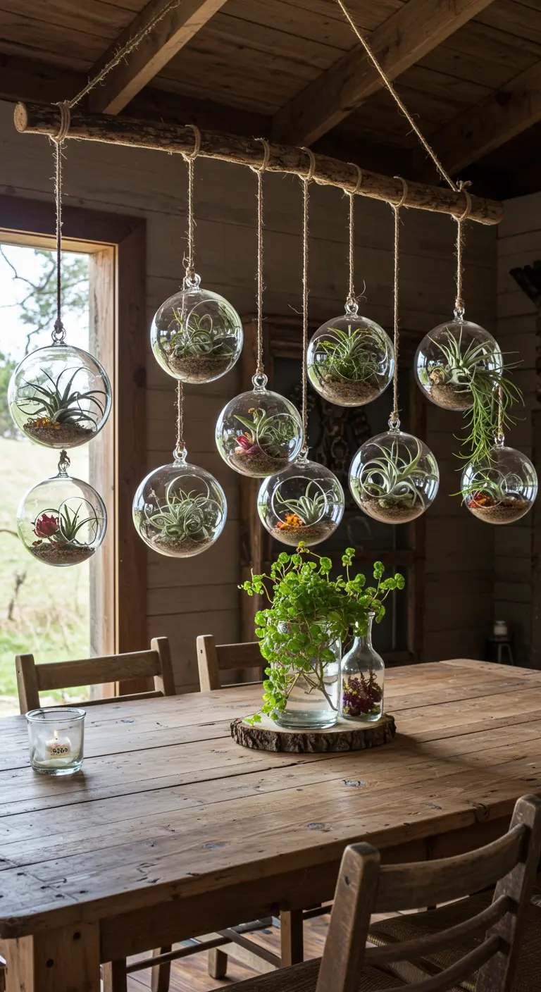 Dix terrariums en verre avec diverses plantes et substrats suspendus à une branche en bois au-dessus d'une table en bois rustique.