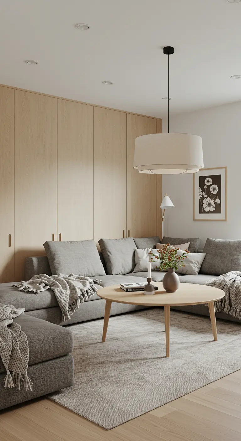 Salon scandinave avec canapé d'angle gris, armoire intégrée bois clair, table basse ronde et suspension.