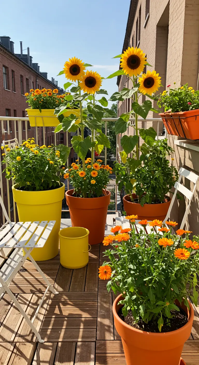 Balcon ensoleillé avec des pots jaunes et oranges remplis de tournesols et de soucis.